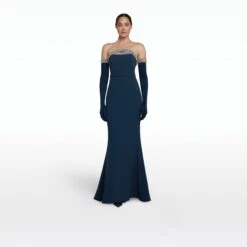 Donatella Ink Blue Long Dress With Antonia Gloves